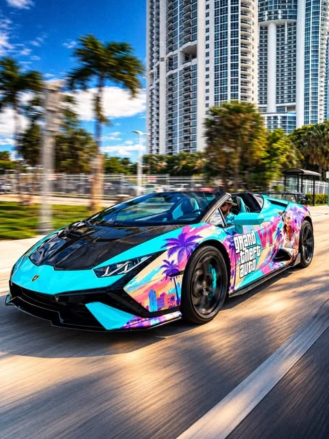 Colourful sports car on a Miami street, from @pugachev_service on Instagram
